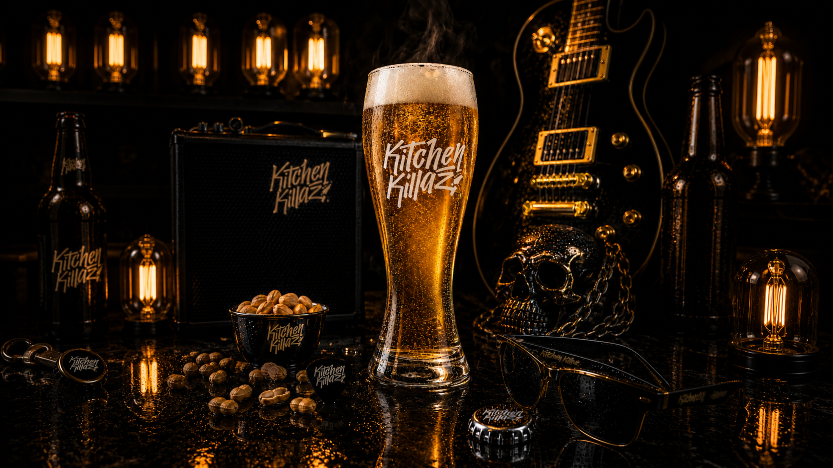 KitchenKillaz signature Pilsner glass filled with beer