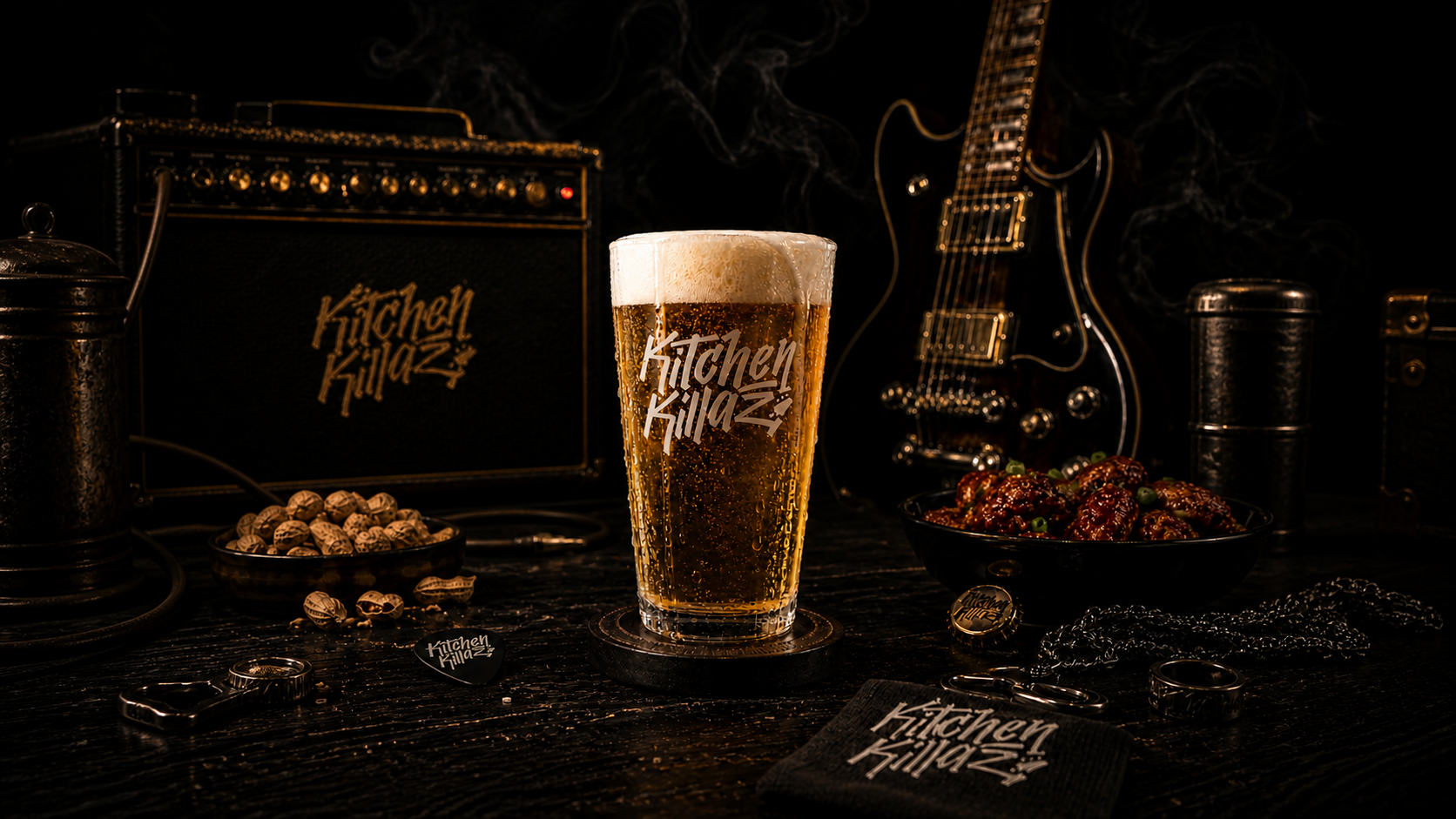 KitchenKillaz signature Pint glass filled with beer